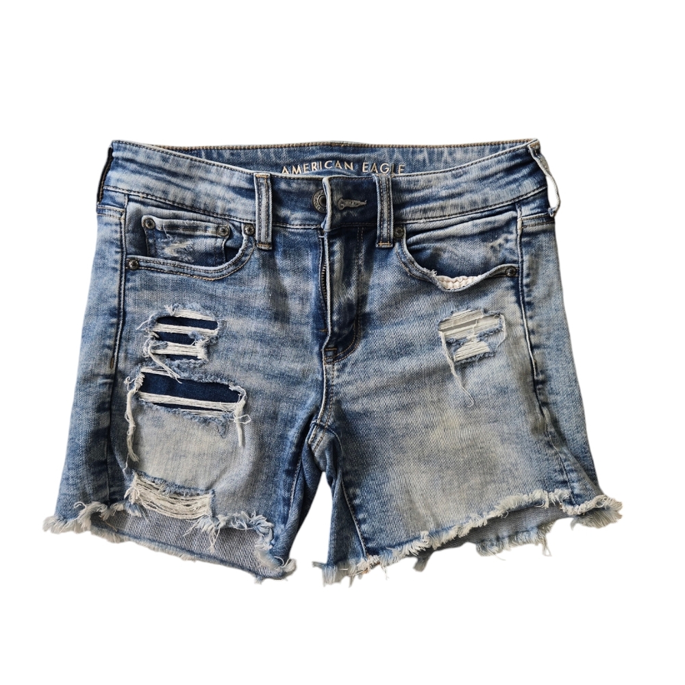 American Eagle distressed midi jean shorts